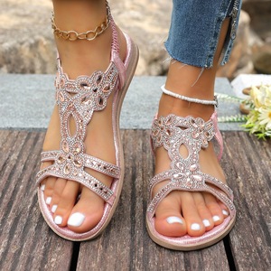 Women Floral Rhinestone T Strap Flat <b>Sandals</b> Glitter Upper <b>Elastic</b> Ankle Strap Slip Resistant Sole Summer Beach Casual Footwear - Product Image 4