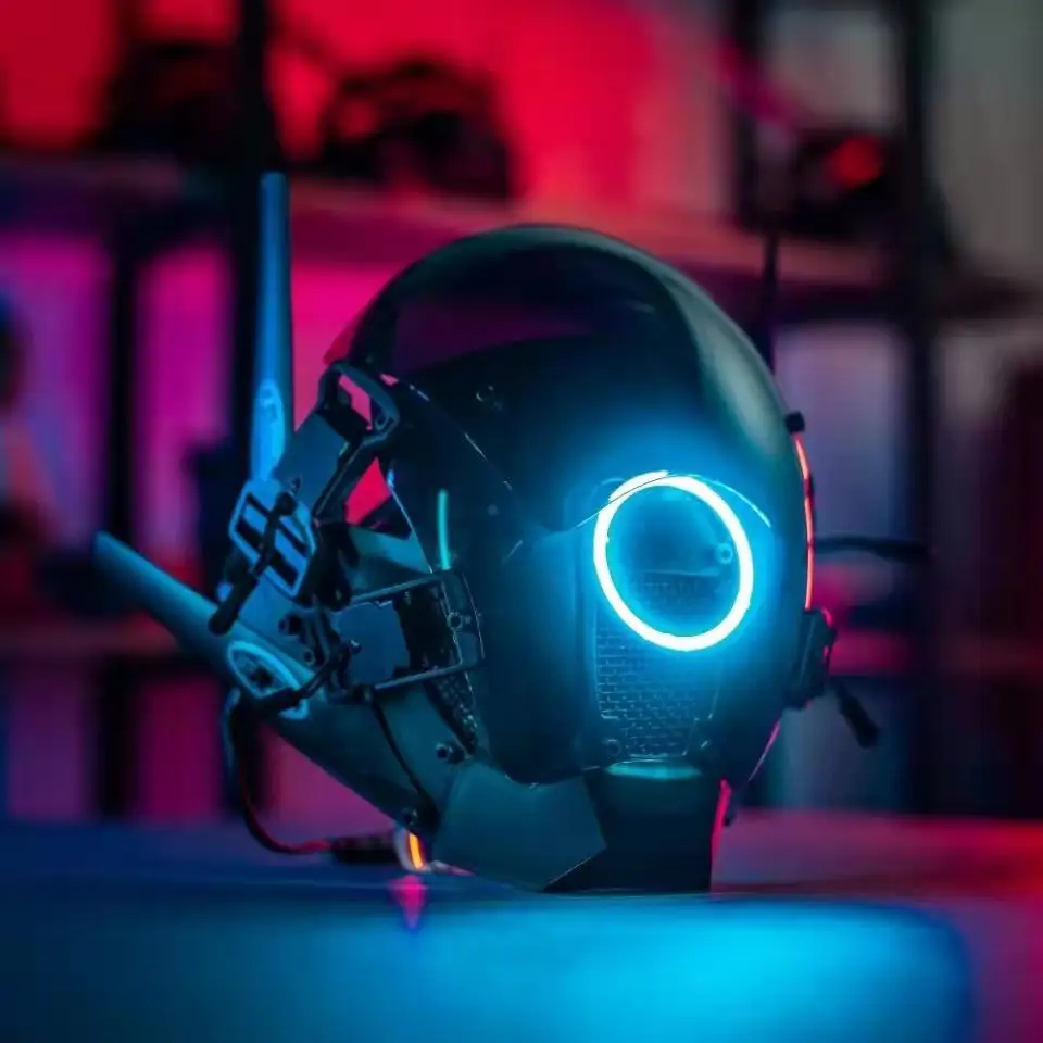 หน้ากาก Led ปีศาจ Oni Cyberpunk,หน้ากากครึ่งหน้าสำหรับคอสเพลย์สีดำหน้ากากฮาโลวีนน่ากลัวปี CYBER08