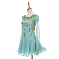 Robe de patinage artistique vert menthe pour enfants et adultes, col rond, manches longues en maille, dos en V orné de strass, pour compétition et spectacle