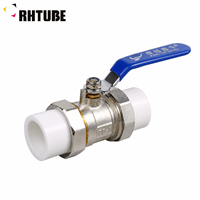 Vanne à boisseau sphérique double union RHTUBE RH-170 verte en PPR avec poignée bleue et bonnet métallique, pour fusion par emboîtement, pour plomberie eau chaude/froide 20-63mm