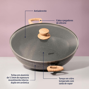 Wok de cerámica antiadherente de 34 cm con tapa de vidrio y mangos de madera para cocinas de gas e inducción - Product Image 3