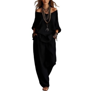 <span class=keywords><strong>Ensemble</strong></span> 2 pièces été décontracté européen et américain : haut en lin tissé à manches trois-quarts et pantalon large - Product Image 5