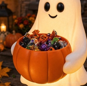 Décoration de jardin d'Halloween en résine, citrouille fantôme lumineuse à énergie solaire avec seau à bonbons, pour dropshipping Shopify - Product Image 6