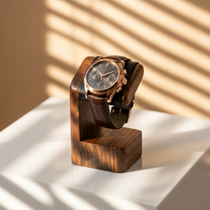 Soporte de Madera para Reloj con Almohadilla de Cuero Negro, Diseño Minimalista para Exhibición en Escritorio - Product Image 1