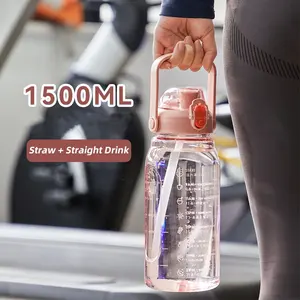 Op Maat Gemaakte Logo Grote 1500Ml Fitness Milieubescherming Lekvrije Verwijderbare Flip-Top Transparante Waterfles Met Stro