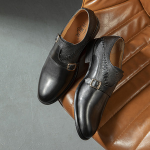 Factory wholesale genuine cowhide men's shoes for summer, round <b>toe</b>, double button monk shoes, business leather shoes - Product Image 5