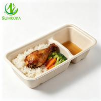 SUMKOKA 600ml 100% compostable en bagasse de canne à sucre, boîte alimentaire rectangulaire à 2 compartiments, conteneur à emporter pour la restauration