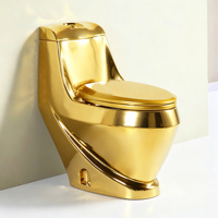 WC monobloc en céramique dorée au design moderne, à double chasse, avec siphon en P
