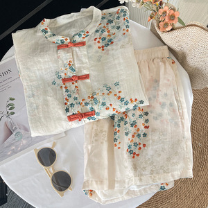Traje Casual Clásico Ligero para Mujer, Estilo Chino Tradicional, con Estampado de Personajes, Nudos Rojos y Cierre de Botones, para Primavera - Product Image 2