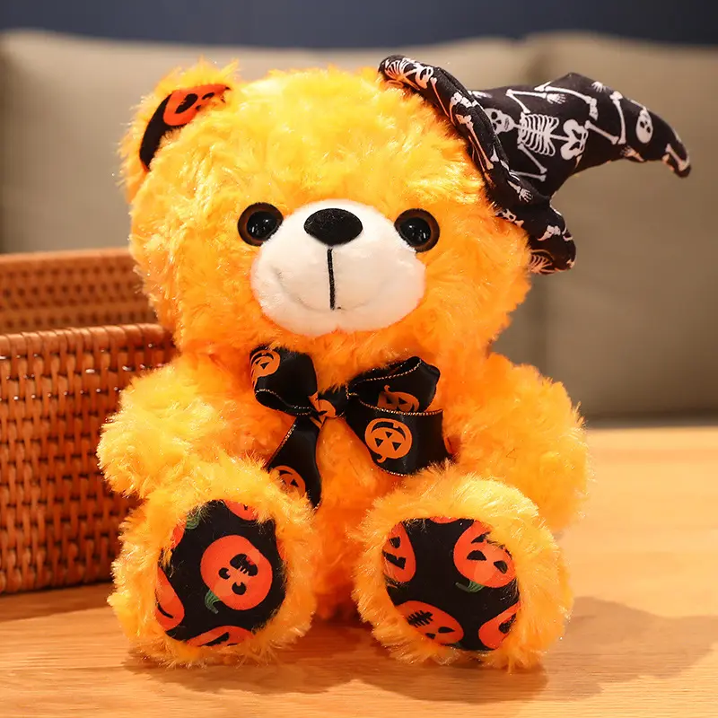 Oso de peluche de felpa con sombrero de Halloween, peluche personalizado, fabricante de juguetes de animales de peluche, regalos de cumpleaños, venta al por mayor