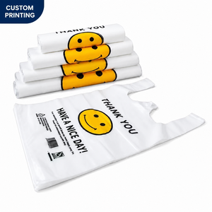 <span class=keywords><strong>Sac</strong></span> de courses en plastique HDPE blanc imprimé avec un visage souriant, à prix avantageux, recyclable, respectueux de l'environnement, avec poignée, « Merci, Bonne Journée » - Product Image 1