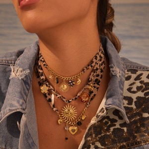 Bufanda con estampado de leopardo collares cuerda tela Acero inoxidable flor corazón sol encantos bufanda <span class=keywords><strong>collar</strong></span> mujeres PVD joyería impermeable - Product Image 1