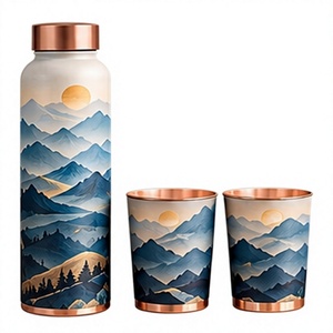Juego de Botella y Tazas de Agua Decorativas de Cobre con Diseño de Paisaje de Amanecer en la Montaña, Vajilla Portátil para Viajes - Product Image 1
