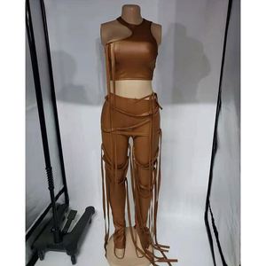 Stijlvolle Mouwloze Coole Lady Outfits Nieuwe Tweedelige Set Crop Top Kwastbroek Dameskleding <span class=keywords><strong>2</strong></span>-delige Broekset - Product Image 6