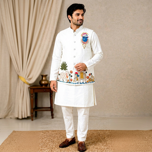 White <b>Men's</b> <b>Kurta</b> Set With Hand Drawn Elephant Embroidery Traditional Indian Wedding Wear Cotton Regular Fit - Product Image 1