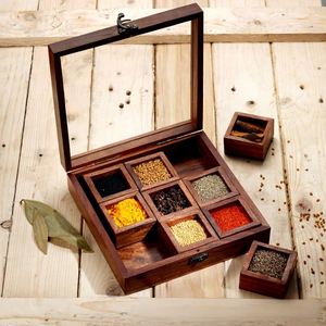 High-Quality Wooden <b>Spice</b> <b>Box</b> with 9 Compartments Spoon and Glass Lid HandmadeOrganizer Storage Container - Product Image 3