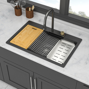 Ensemble d'évier de cuisine moderne sous plan 33x19 pouces, évier simple en <span class=keywords><strong>granit</strong></span> composite de quartz noir avec égouttoir - Product Image 4