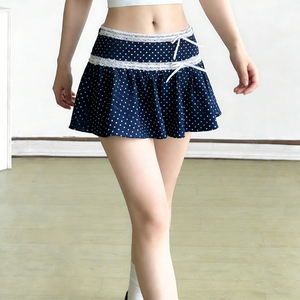 Jupe midi décontractée pour femme à imprimé pois, avec dentelle et nœud, taille basse, coupe trapèze, style doux et tendance - Product Image 3