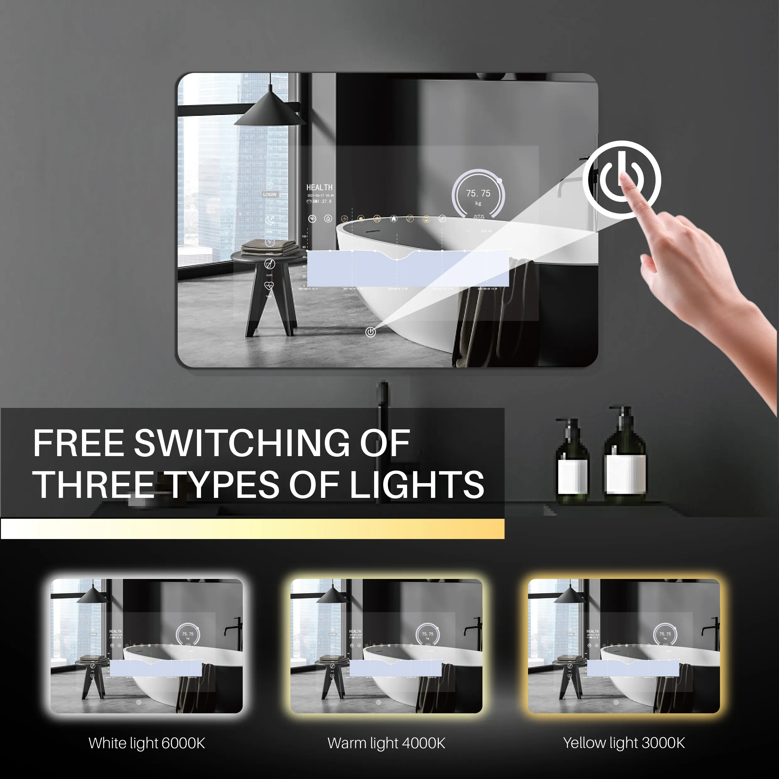 Hotel toilette touchscreen intelligenter magischer spiegel android voller hd tv spiegel