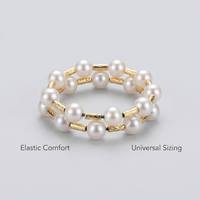 Bague de luxe élégante en or massif 18 carats, prête à offrir, avec double rangée de perles blanches naturelles et bande élastique, pour unisexe, usage quotidien, anniversaire