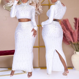 Women's Printed Two Piece Dress <b>Skirt</b> Long Sleeve Top Wrap Hip <b>Split</b> <b>Skirt</b> Party Set Fashion - Product Image 3