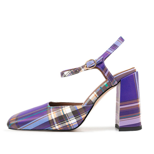 Sandales à talons hauts épais pour femme, grande taille 45, à bout carré, motif écossais, couleurs vives, pour soirée, avec bride à boucle en tissu, coupe large - Product Image 2