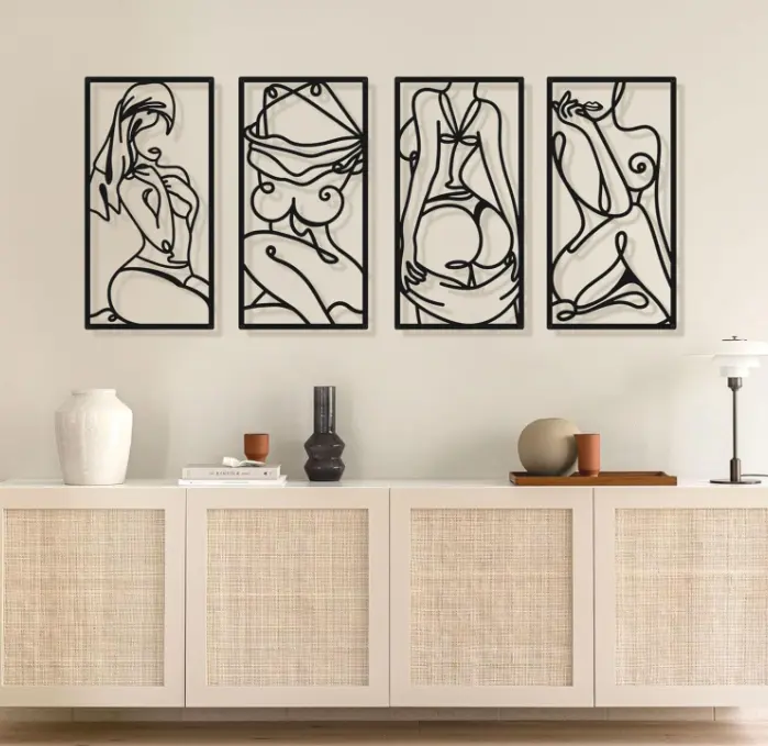 Customized laser cut metal mural with abstract and minimalist female body lines bathroom wall painting