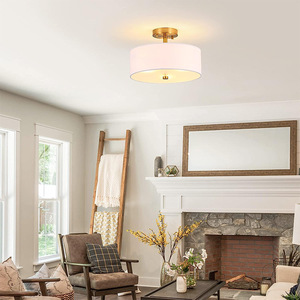 Plafonnier d'intérieur moderne à 2 lumières semi-encastré en laiton avec tissu en lin 1 tambour de 50 "pour le salon Style naturel - Product Image 2
