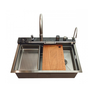 כיור מטבח גדול פופולרי עם שני תאים, רב תכליתי, עמיד בפני שריטות, עם תצוגה דיגיטלית LED, נירוסטה 304, כיור מפל. - Product Image 4