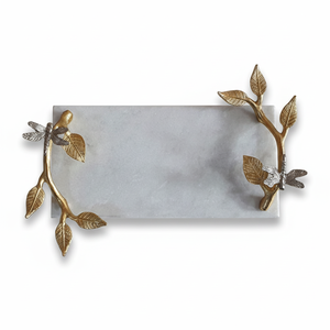 ถาดเสิร์ฟหินอ่อนสีขาวสุดหรูพร้อมที่จับโลหะรูปใบแมลงปอสีทองหรูหราถาดเสิร์ฟสำหรับตกแต่งบ้านที่เป็นแรงบันดาลใจในงานแต่งงาน - Product Image 1