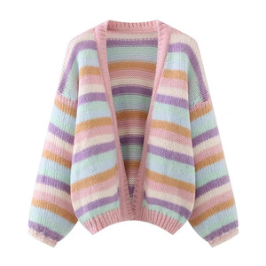 Cardigan tricoté à rayures arc-en-ciel pour femmes, manteau pull couleur bonbon en coton pour petites femmes - Product Image 5