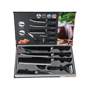 Best selling 6 pieces non stick black coating knives set stainless steel wave blade kitchen knife professional with gift box