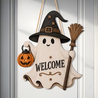 MM Mignonne Décoration Suspendue en Bois pour Porte, Motif Fantôme et Chapeau de Sorcière, pour Halloween, Fêtes Effrayantes et Maisons Hantées, Vente en Gros Usine