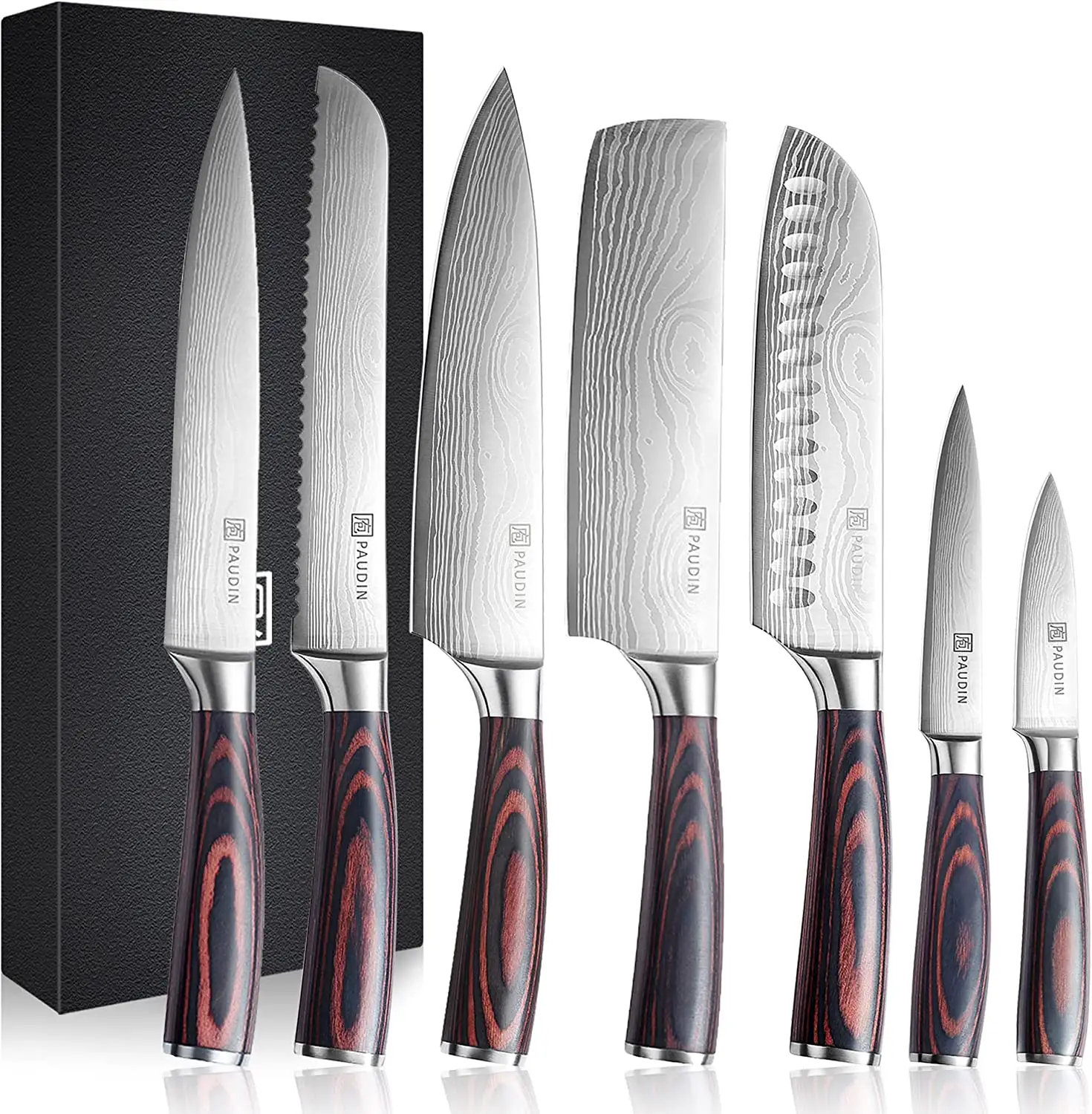 PAUDIN Utility 7PCS cuchillo de cocina caja de madera regalo Hoja afilada de acero inoxidable con mango de madera cuchillo de chef de carnicero