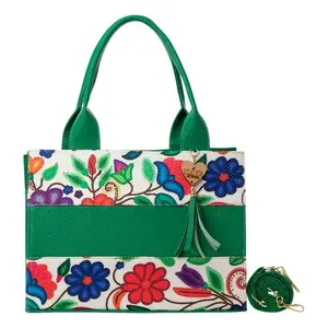 Bolso Tote de Yute para Mujer Fana Danae, Diseño Floral Verde con Borla, Bolso de Compras, Talla Adulto, Todas las Temporadas - Product Image 1