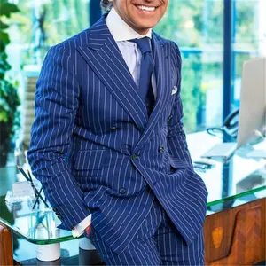 Sommer Royal Blue Stripe Herren anzug für Business Formale männliche Blazer Zweireiher Anzüge Wide Peaked Revers Slim Fit Herren jacke