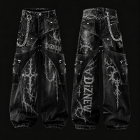 DiZNEW Özel Tasarım Erkek Sokak Giyim Tarzı Siber Sigilizm Grafikli Kargo Pantolon Dekonstrüksiyon Bol Paça Geniş Bacak Denim Pantolon Gotik Koyu Renk Giyim