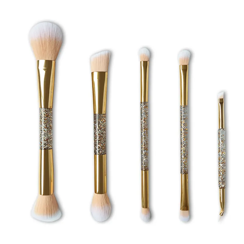 Wholesale Custom Private Label Gold Synthetic Vegan 5pcs Glitter Bling Double End Makeup Brush Set