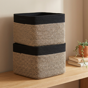 Paquete de 3 Cestas Cuadradas Plegables de Cuerda de Algodón con Asas/Estanterías |   Almacenamiento de Zapatos para Juguetes de Perro |   Regalo para Bebé |   Nuevo 13.5x11x9.5" (Negro/Yute) - Product Image 2