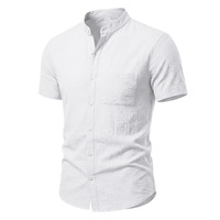 Kemeja Linen Kasual Pria Hawaii Sederhana Retro Kerah Tegak Lengan Pendek
