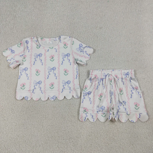 Nouveaux vêtements pour enfants, ensemble d'été pour filles, chemisier à fleurs à manches courtes avec nœuds roses, short à volants - Product Image 2