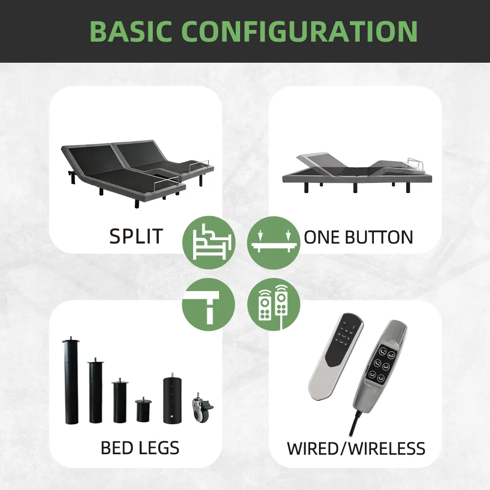 분할 킹 접이식 마사지 모션 침대 조절 침대 프레임 16 키 무선 원격
