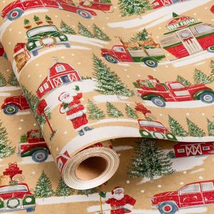 Burymento Christmas <b>Wrapping</b> <b>Paper</b> 17 In X 32.8 Ft Kraft Santa Car Design Recyclable Single Side Gift Craft - Product Image 1