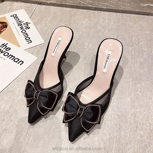 Women's Mesh Baotou Bow Half Slippers High Heels 2025 Summer New Fashion Stiletto Heel All-match Slippers for Outer Wear - Product Image 5