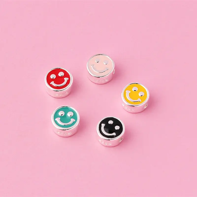 Colorful Enamel 925 Sterling Silver Loose Beads Smile Face Round Spacer Beads for Bracelet Making