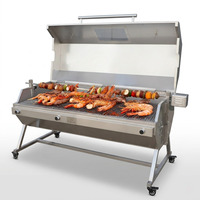 Parrilla de Barbacoa Híbrida de Gas y Carbón de Acero Inoxidable Moderna de Gran Capacidad con Asador Eléctrico de 15W, Termómetro y Ventana Visual
