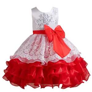 Robes de bal de princesse pour enfants, style occidental, robes à fleurs d'anniversaire pour filles pour les 6 ans, robe de soirée rouge avec gros nœud pour enfants