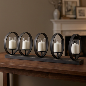 Centro de mesa de metal moderno con 5 velas redondas de cristal para decoración elegante del hogar para mesa de comedor y sala de estar - Product Image 1