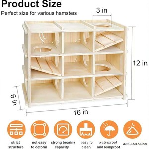 Casa para Hámster de Madera Sólida, Rectangular, Color Natural, Multifuncional, para Uso en Interiores y Exteriores, para Hámsteres Pequeños - Product Image 3