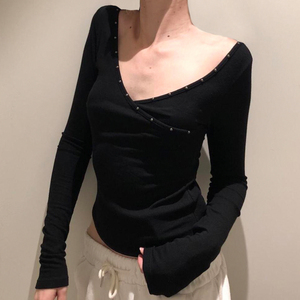 Camiseta Básica de Manga Larga con Cuello en V Cruzado Irregular, Ajustada, Vintage, para Mujer, Nueva Llegada, Venta al por Mayor - Product Image 1